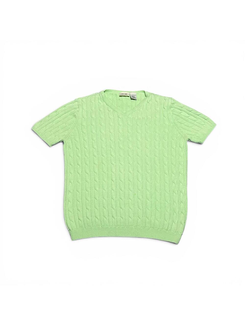 Vintage Cherokee Light Green Cotton Cable Knit Short Sleeve Knit Sweater Top L